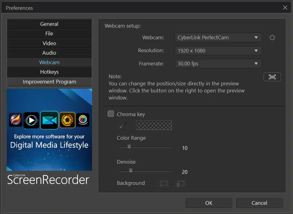 Adjust webcam settings interface